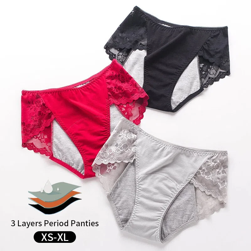 Hot Sale Mid-Rise Lace Menstrual Period Panties 3 Layers Absorbent Leak Proof Culotte Lengthened Menstrual Panties