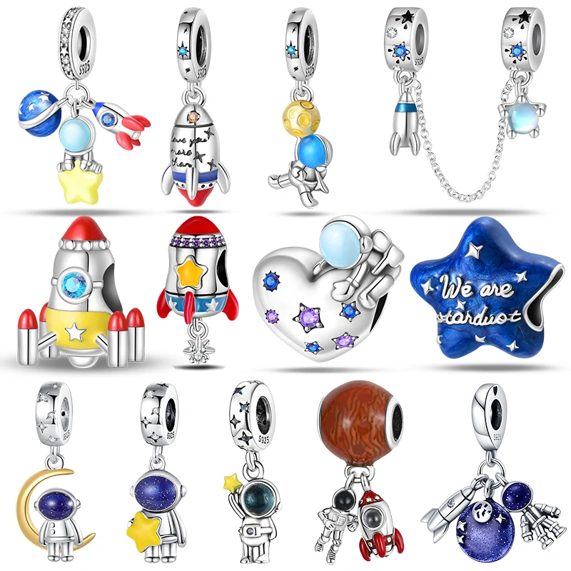 925 Sterling Silver Fashion Space Travel Collection Rocket Astronaut Charms Beads Fit 4MM hole diameter Bracelet DIY Jewelry