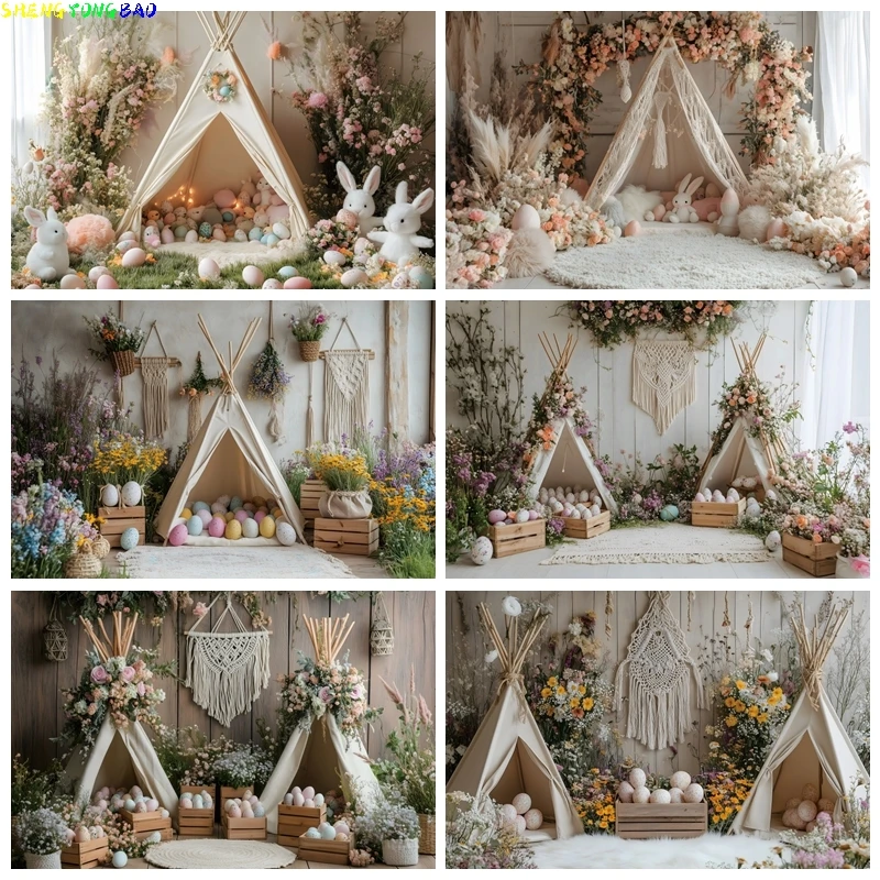 Oster-Fotografie-Hintergrund im Boho-Stil Zelt Blumen Florale Ostereier Kindergeburtstag Dekorationen Banner Foto-Hintergrund Requisiten