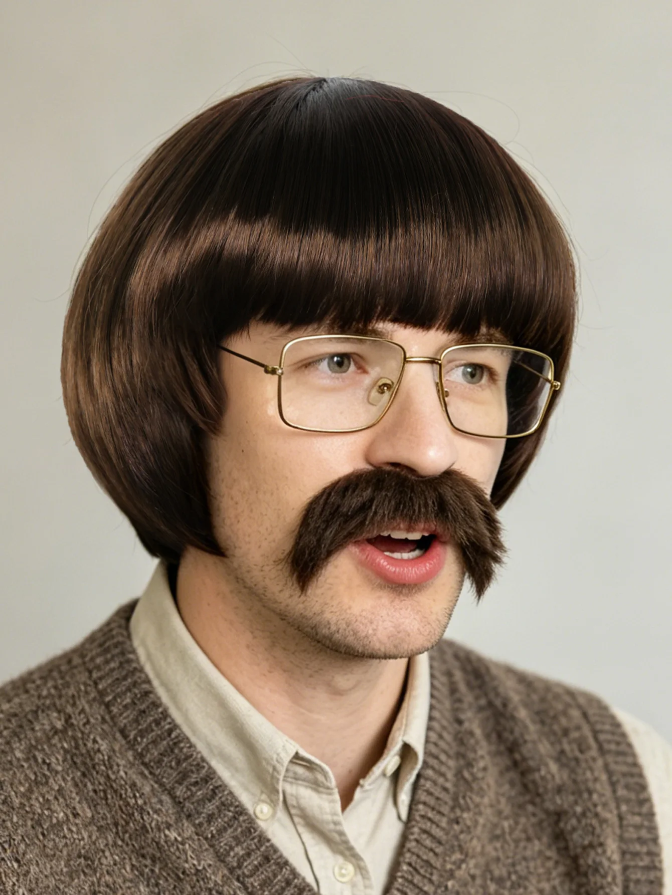 Short Straight Brown Synthetic Hair Bowl Cut Wig Retro Men  For Halloween Theme Party Role Play Dress Up Props
