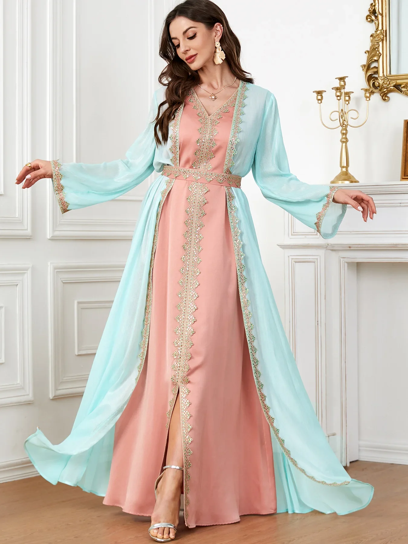 Muslim Two Piece Dress Women Party Abaya Ramadan Moroccan Kaftan Cardigan Robe Suit Jalabiya Eid Vestidos Dubai Abayas Dresses