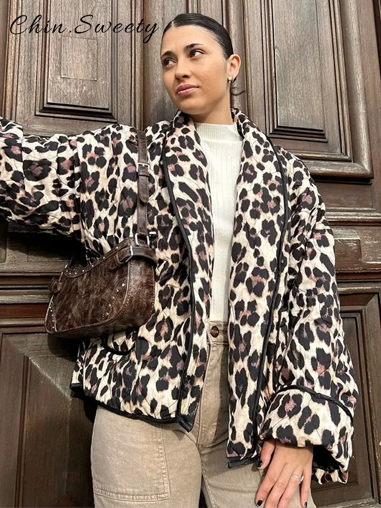 

Уличное стеганое пальто с леопардовыми карманами, женское свободное теплое пальто с v-образным вырезом и длинными рукавами, осень-зима 2021, женские универсальные стеганые куртки