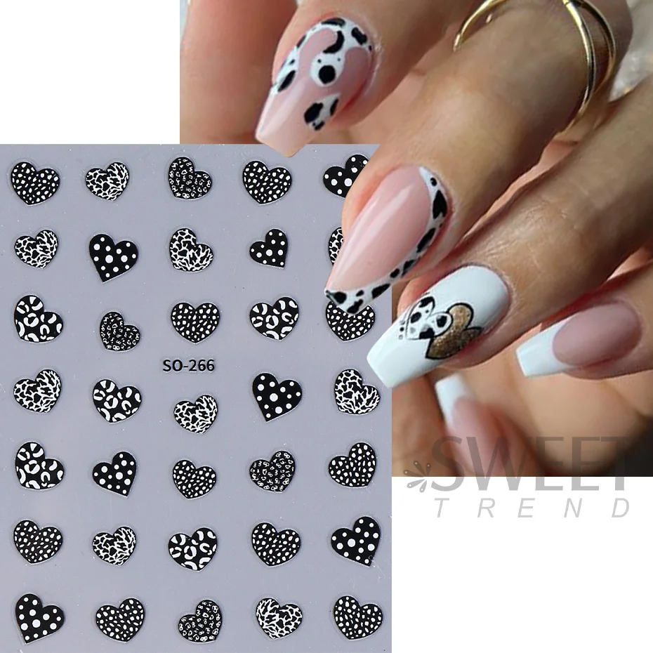 3D Leopard Cow Spot Print Love Heart Nail Art Sticker Black Pink Brown Valentine's Day Decal Slider DIY Manicure Decoration Tips