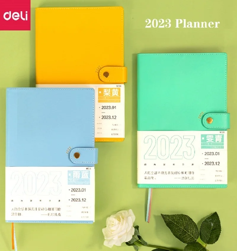 Deli Agenda 2023 Planner A5 Notebook Weekly Monthly Daily Journal PU Leather Cover Water Proof Ribbon Bookmark School Stationery