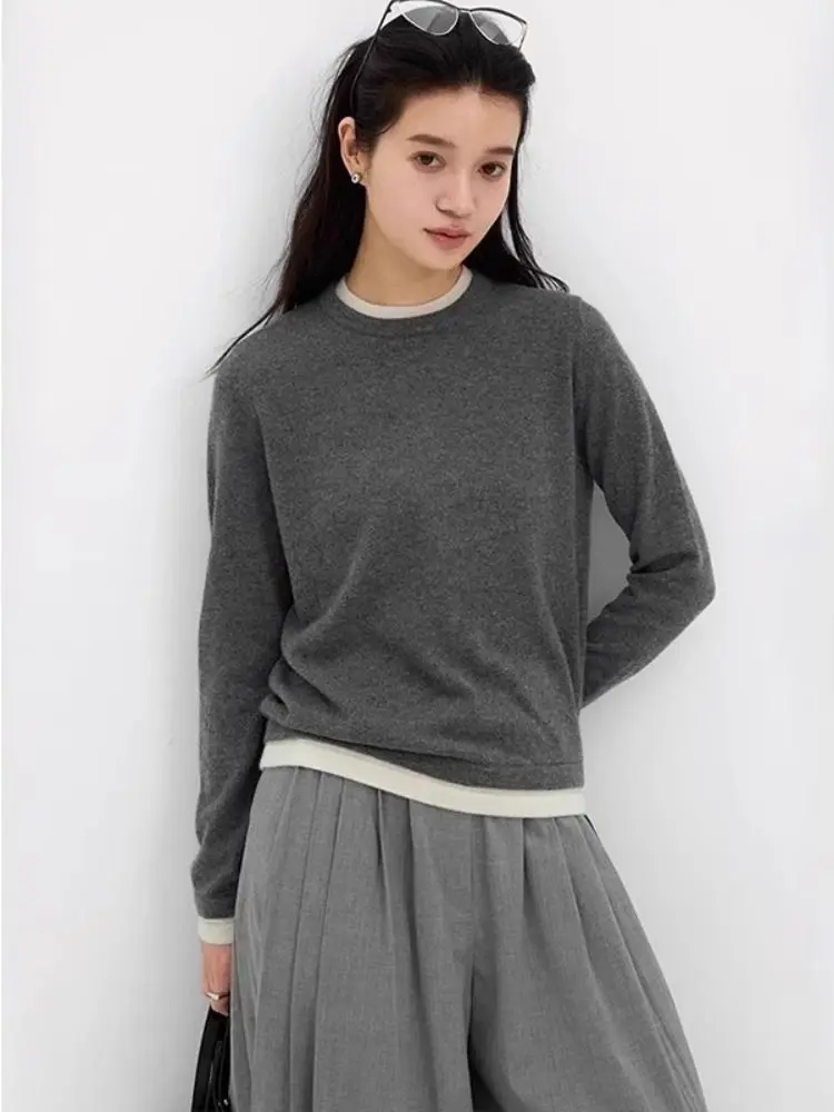 

Женская трикотажная базовая рубашка из двух частей с цветными блоками и круглым вырезом, новый весенне-осенний серый свитер в ленивом стиле, внутренний топ