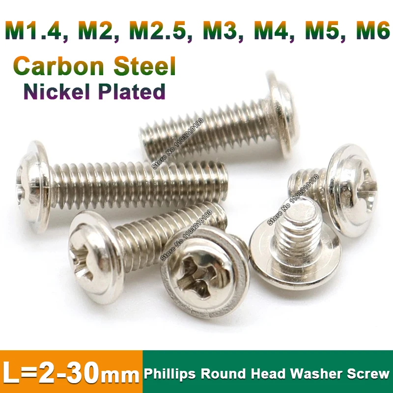 

20-50pcs Nickel Plated Cross Phillips Pan Round Head Machine Washer Screw Computer Screw Pad Bolt M1.4 M2 M2.5 M3 M4 M5 M6
