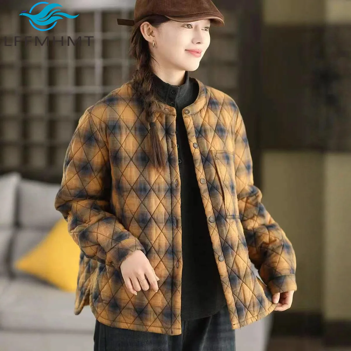 

Autumn Winter Retro Diamond Quilted Cotton-Lined Women's Button Thickened Warm Coat Classic Design Loose Comfortable Fit Parkas