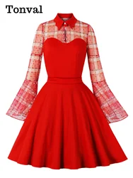 Tonval Red Elegant Evening Christmas Vintage Dress Women Turn Down Collar Plaid Mesh Long Sleeve Patchwork Party Dresses