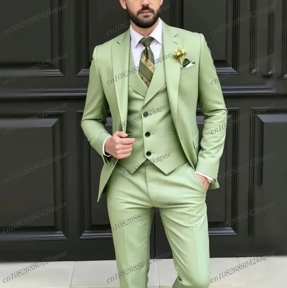 

New Matcha Green Formal Men Suit Groom Groomsman Wedding Party Prom Business Male Tuxedos Costume 3 Piece Set Jacket Vest Pants