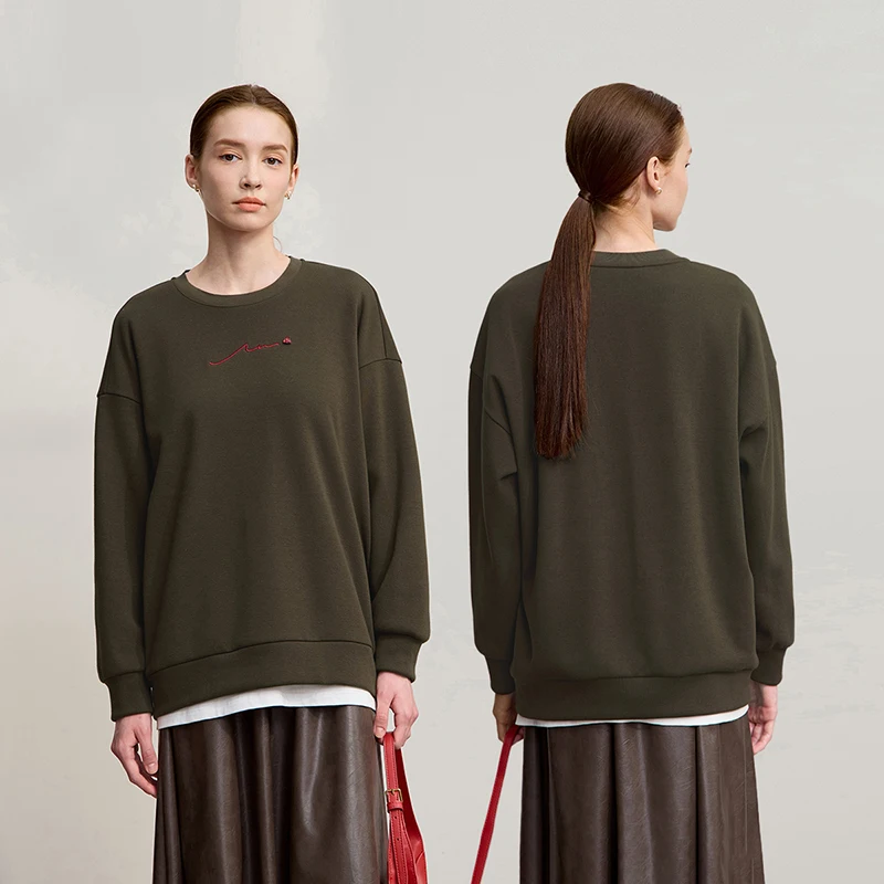 Amii Damskie Bluzy 2025 Zima Nowa Luźna Ciepła Bluza Damska z Długim Rękawem Haftowana Bluza Pulower z Okrągłym Dekoltem Top Damski 12524025