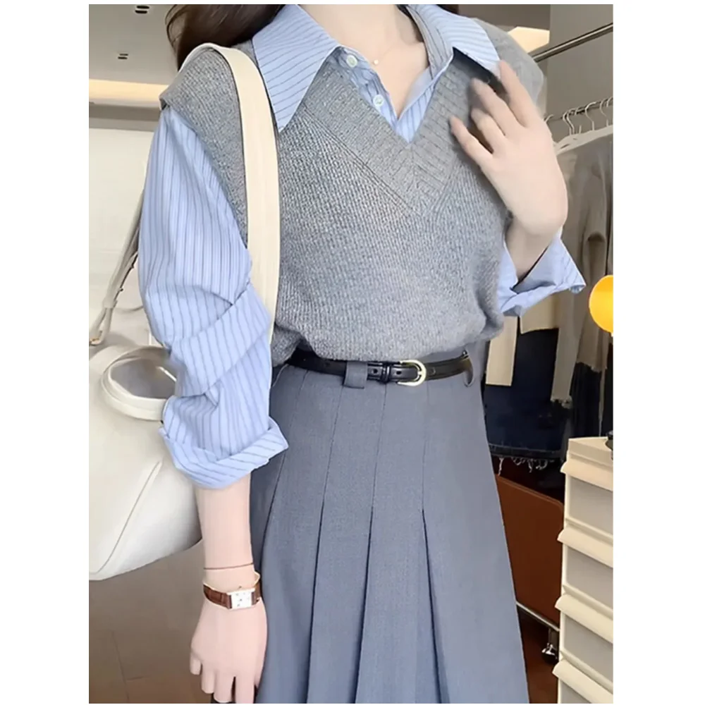 Women's Spring Autumn Stripe Shirts Knit Vest Midi High Waist Skirts 1 or 3 Piece Set Lady Gray Tank Tops Blouse Skirt Outfits