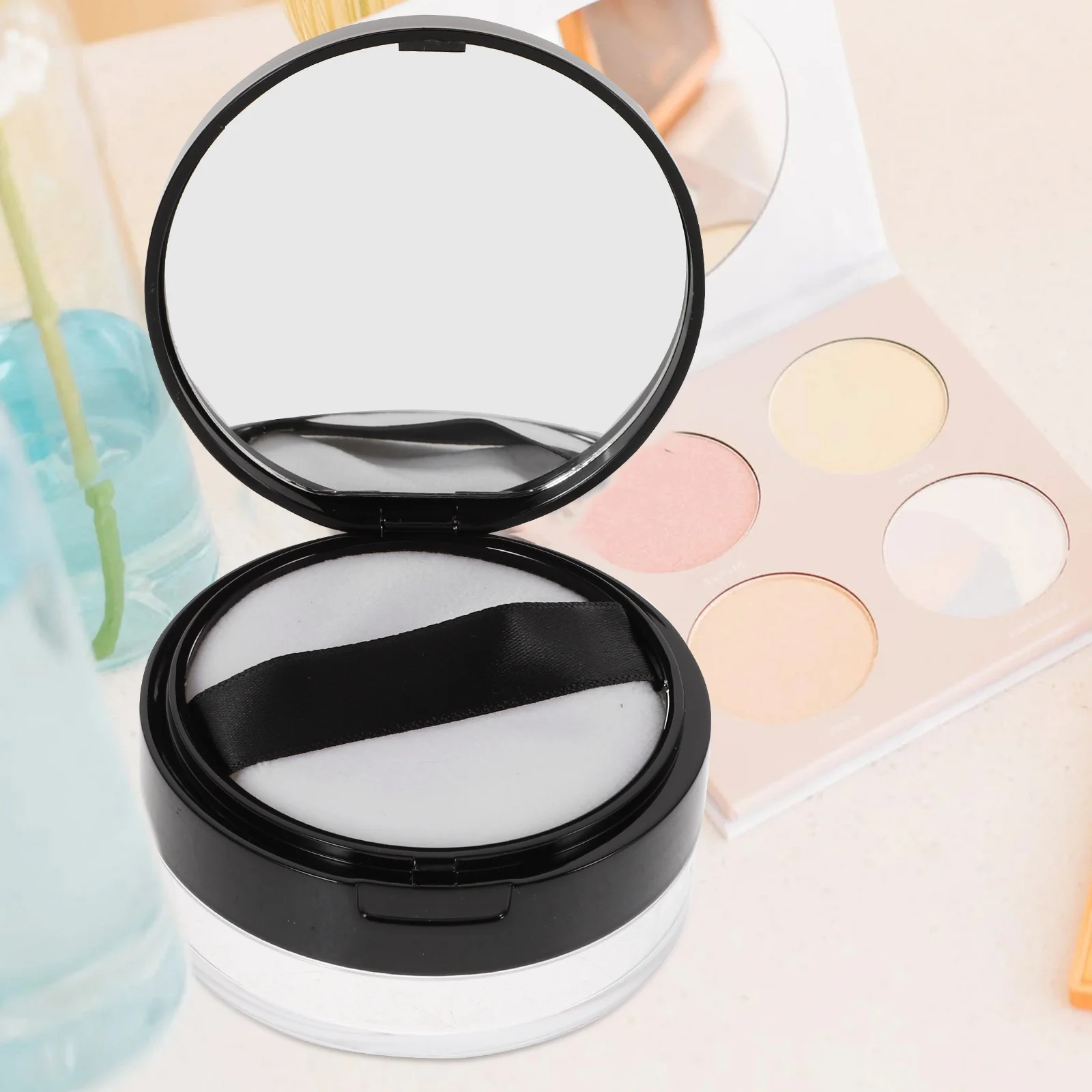 علبة بودرة سائبة سوداء بطبقة مزدوجة شبكية مانعة للتسرب حاوية مكياج محمولة مرآة حامل منتفخ فارغ لمستحضرات التجميل للاستخدام اليومي