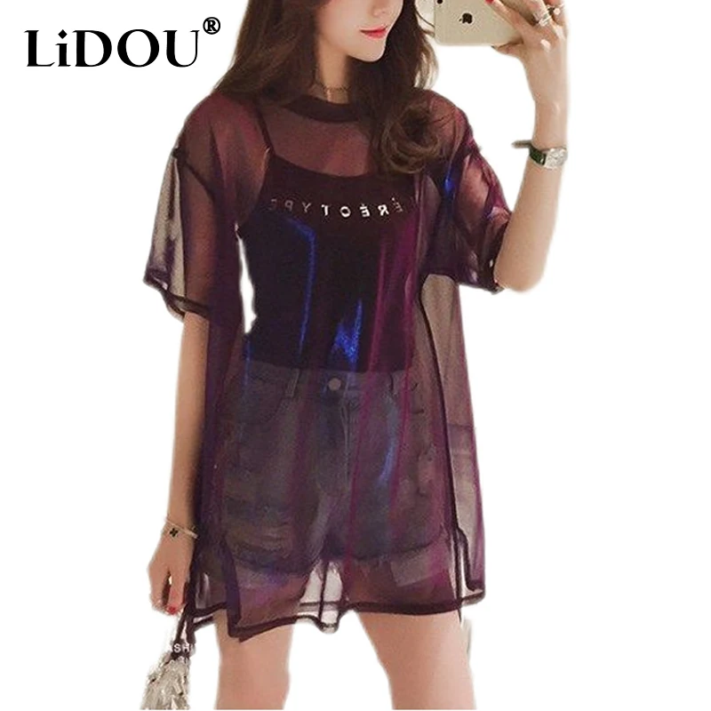 

Summer Korean Round Neck Solid Color Short Sleeve T-shirts Women Loose Pullovers Two-piece Bright Silk Mesh Camisole Tank Vest