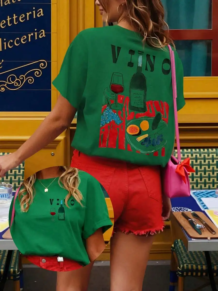 Camiseta de manga corta con cuello redondo y estampado gráfico de vino para mujer, camiseta informal de verano verde