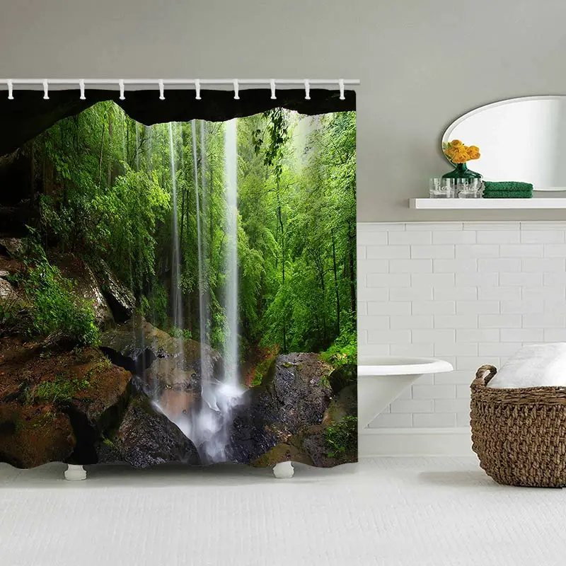 Beautiful Waterfall Bathing Curtain  Bathroom Shower Curtain Waterproof With 12 Hooks Home Deco Free Ship