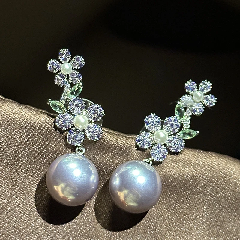 Silver Tone Two Flower Zircon Dangle Earrings Large Glossy Purple Imitation Pearl Women Daily Jewelry