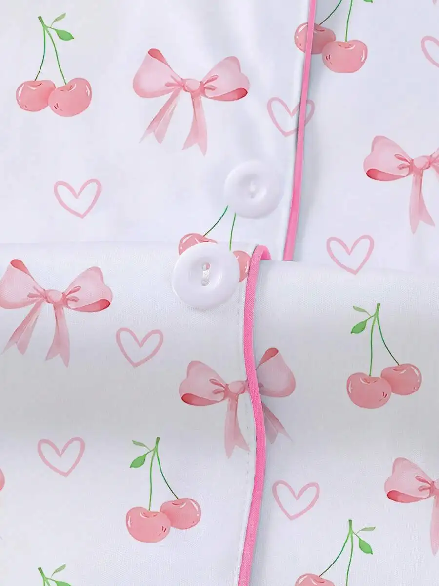 

2pcs Womens Cherry Heart Bow Print Sleepwear Set Short Sleeve Shirt Collar Top And Loose Shorts For Loungewear Nightwear