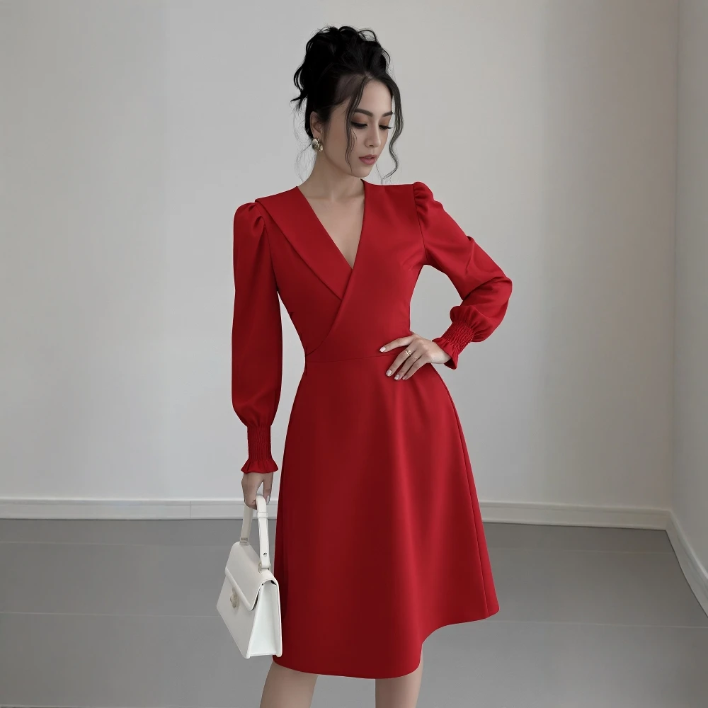 Casual pasvorm, halflange jurk, herfst, A-lijn rok, rechte mouw, ronde hals, geen decoratiestijl