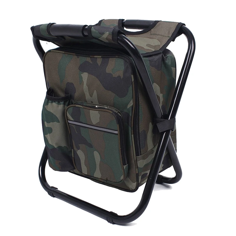 Portable Hiking Camouflage Camping Stool Folding Camping Chair Stool Backpack With Cooler Insulated Picnic Bag