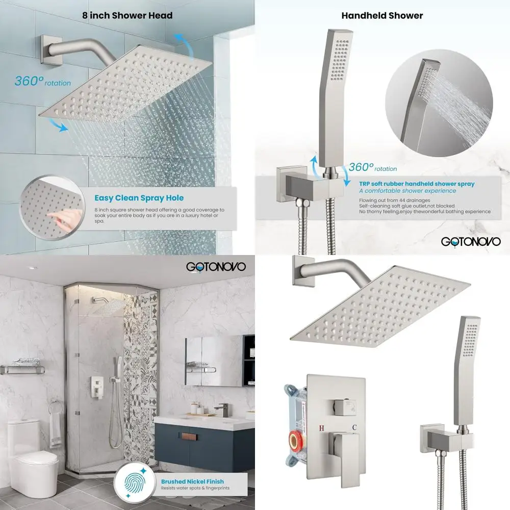 8 Solid Brass Wall-Mounted Shower System with Rainfall Head and Mixer Valve in Brushed Nickel