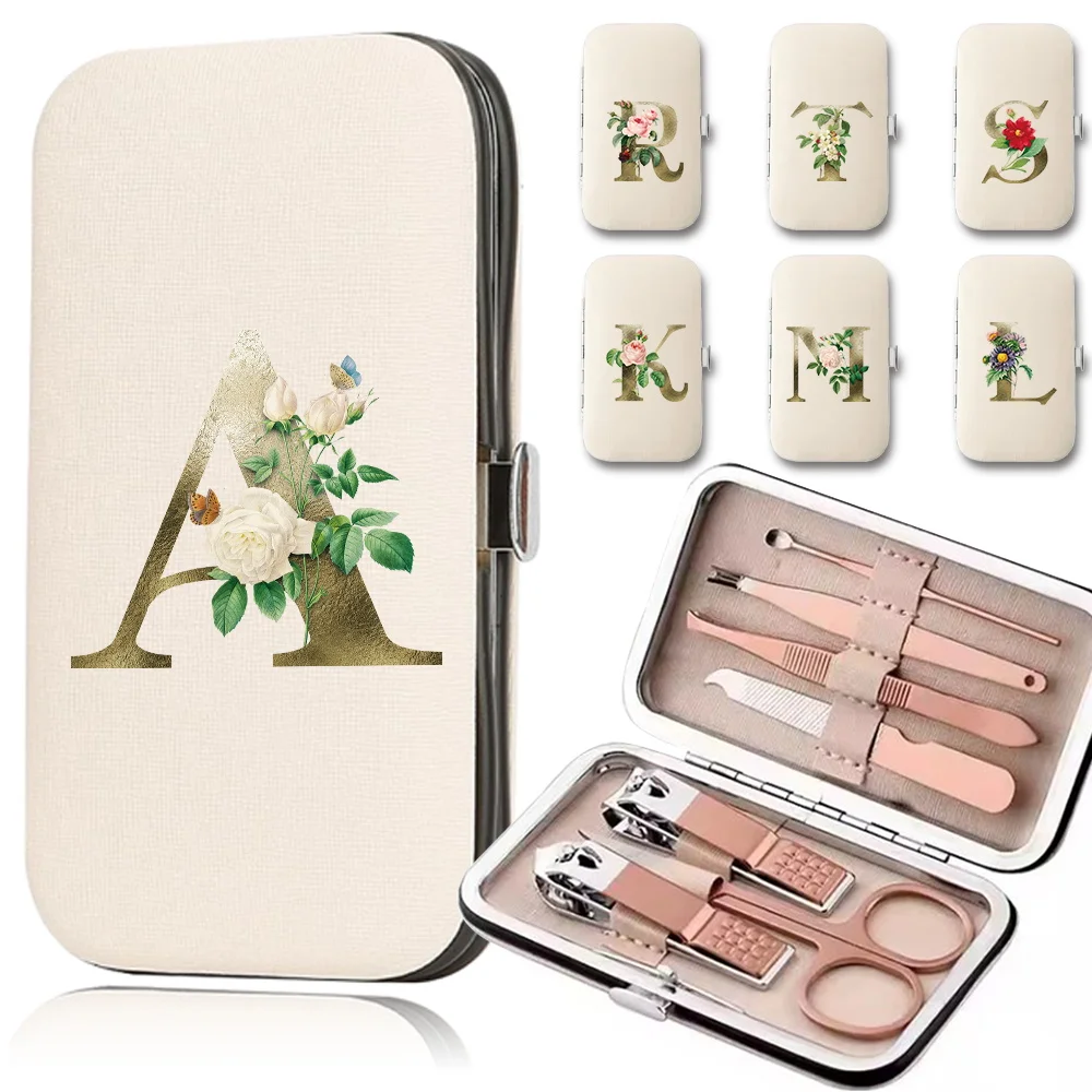 7Pcs Portable Nail Clippers Set Manicure Kit Stainless Steel Pedicure Tool Case Trimmer Organizer Golden Flower Letter Pattern