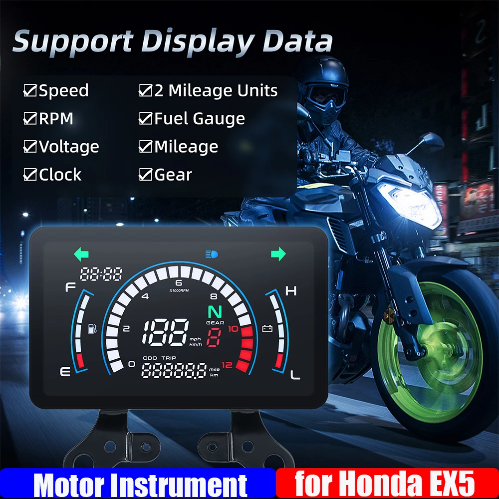 for Honda EX5 Motorcycle Instrument Odometer KMH MPH Mileage 0-12000RPM Speedometer Fuel Gauge Clock Gear LCD Dashboard custom