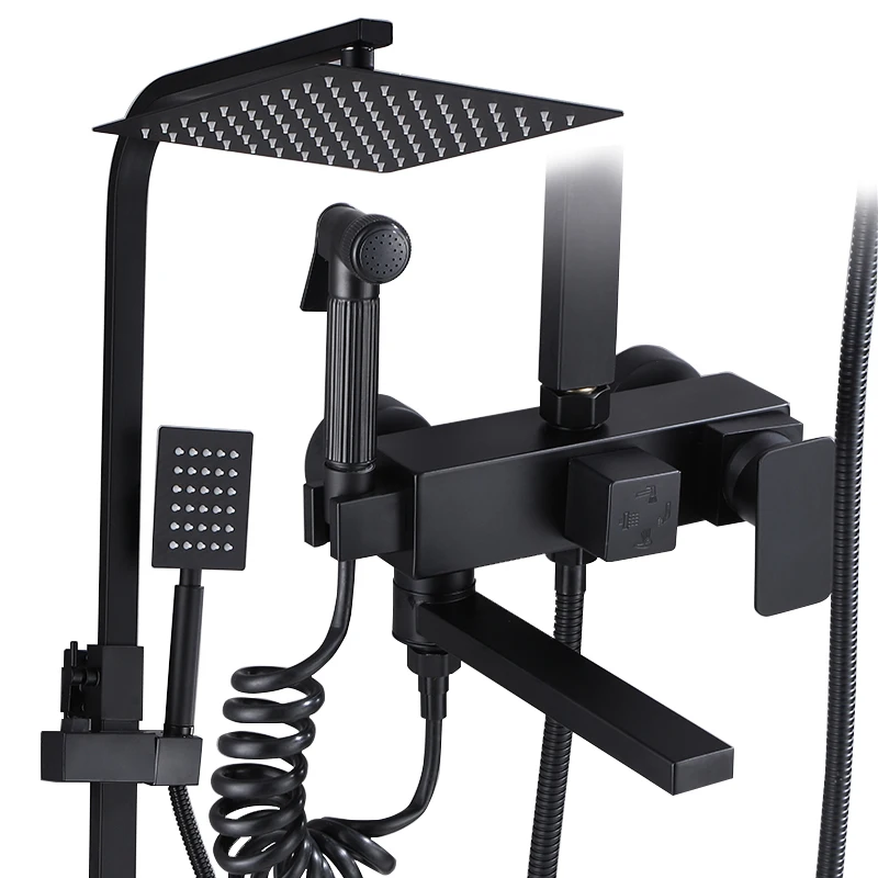 

Black Luxury Brass Shower System, 10 Inch Rainfall Top Shower head set wall mount Bathroom fixtures shower faucets