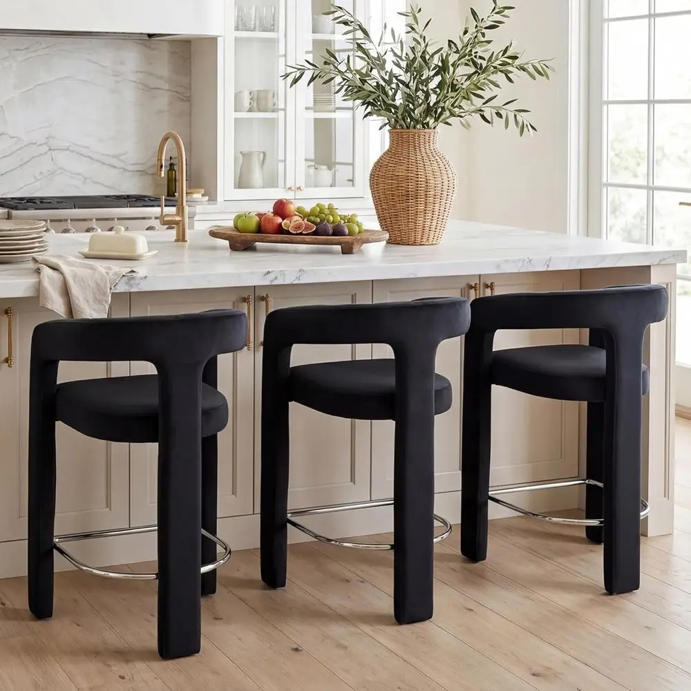 

Набор из 3 барных стульев с бархатной обивкой, высотой 26 дюймов, с открытой спинкой, стулья для барной стойки, черные