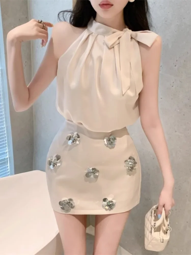 Ezgaga Women Two Piece Set Elegant Satin Tank Tops Bow Ribbon Sleeveless Blouse Sequins Flowers Mini Skirts Shirts Female Suits