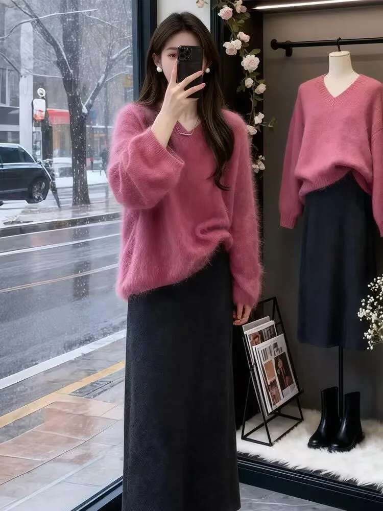 

Pink Soft V-ne Knitted Sweater Women Loose Sle Casual Long Sve Top Thi Warm Comfortable Faionable Versatile Bot...