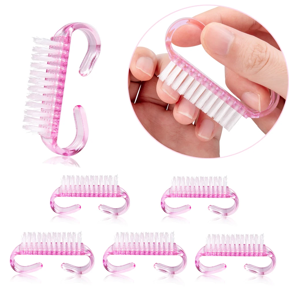 5pcs สีชมพู Bull Horn Shape Handle Grip แปรงเล็บ 6.4*1.4*3.4 ซม.ลบ DustKit ขัดเล็บถู Strip ทําความสะอาดเล็บเครื่องมือ