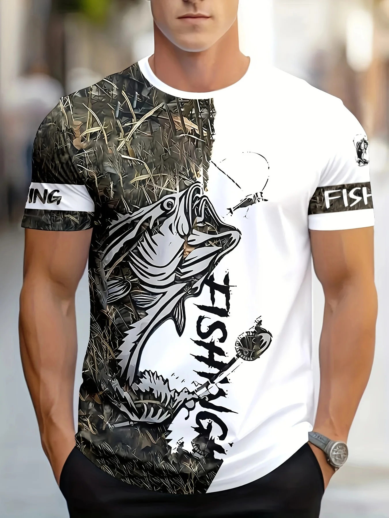 Men Short Sleeve Crew Neck T‑Shirt Big Bass Fish Fishing Net Camo Blue‑Grey Back‑Print Outdoor Casual Tops