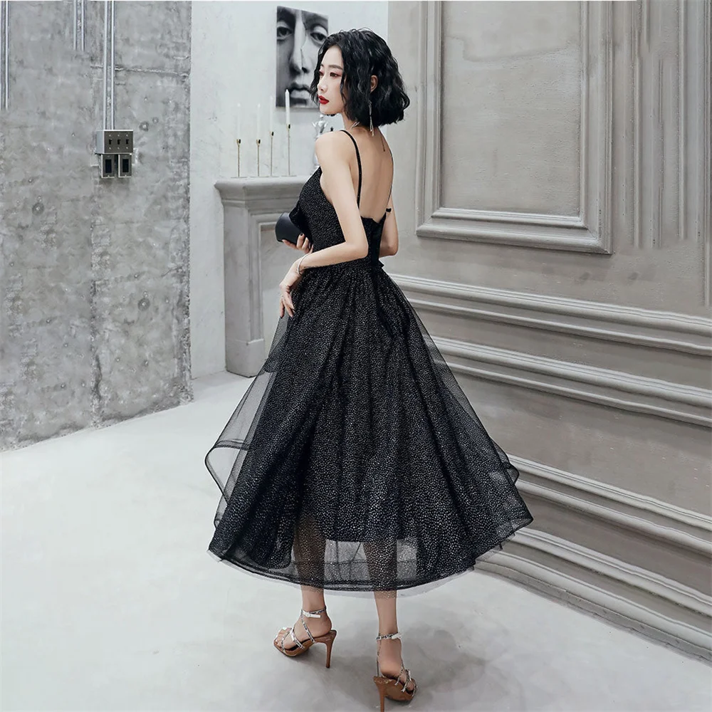 

Lily Black Shining Evening Gown Spaghetti Strap with Bow Elegant Prom Dresses Tea Length Wedding Evening Dress robes de soirée