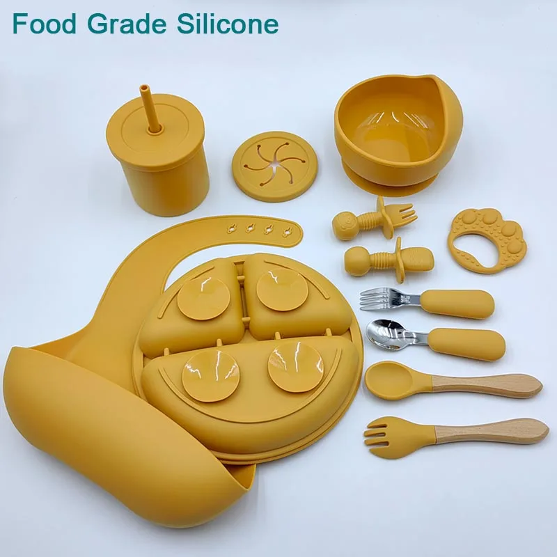 11Pcs Silicone Feeding Sets For Baby Personalized Name Children\'s Tableware Suction Cup Plates Bowl Spoon Feeding Cups BPA Free