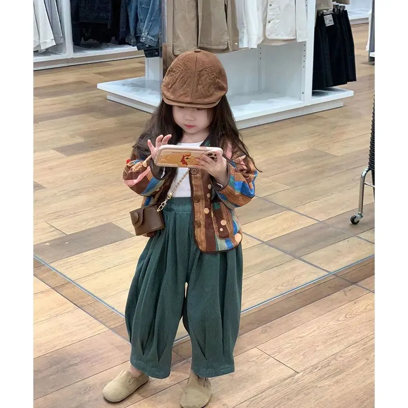 

Girls' Set Spring and Autumn New Style Children's Retro Style Coat+Pants Fashion Two piece Set