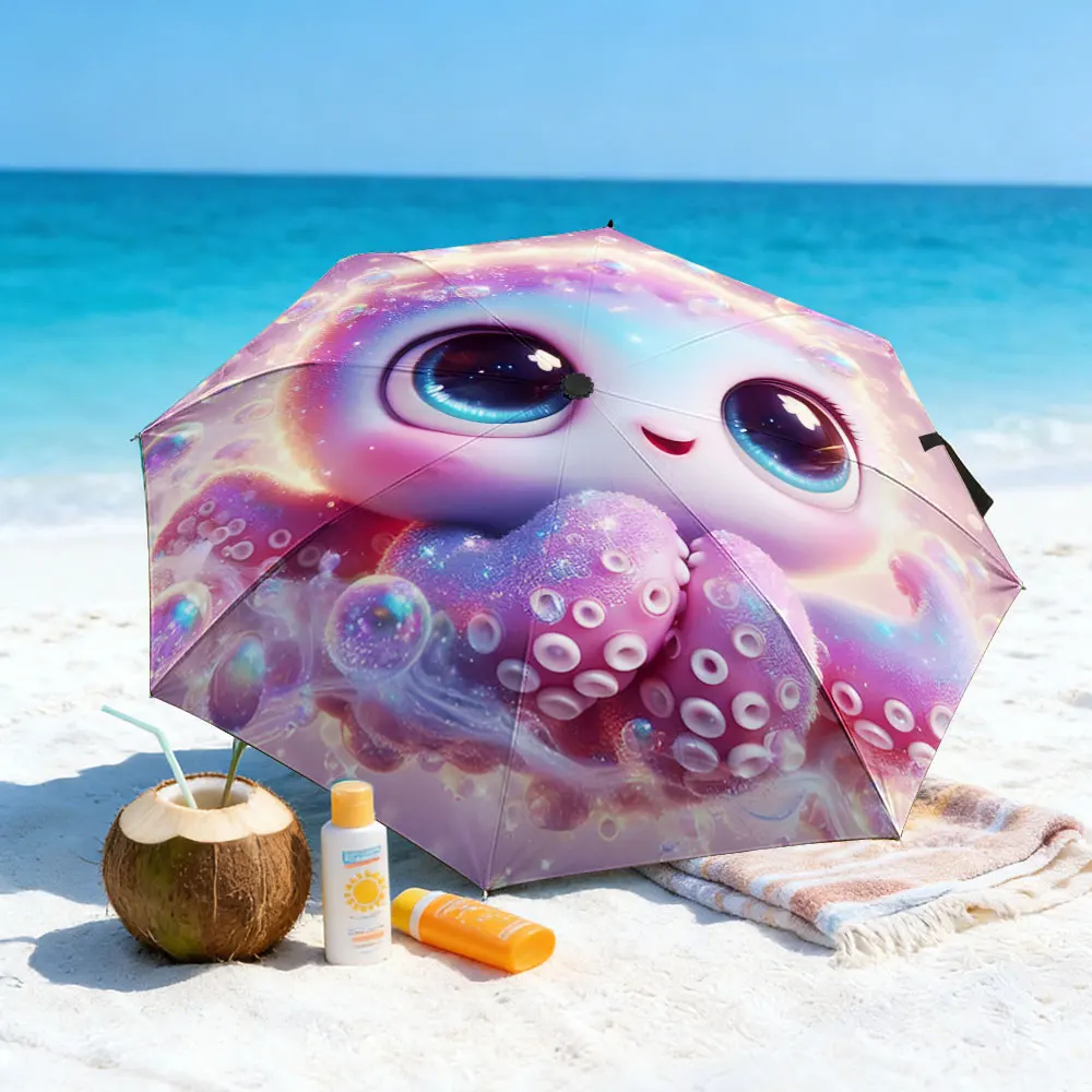 1PC Colorful Umbrella with Cartoon Octopus by the Lake Print 8 Iron Ribs Folding Umbrella Auto-Open Fashion Sunshade