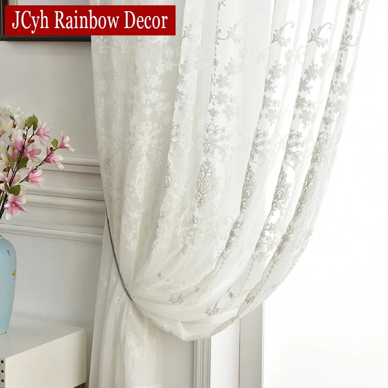 Embroidered White Tulle Curtains For Living Room Luxury Hall European Lace Voile Sheer Curtains For Window Bedroom Girl Drapes