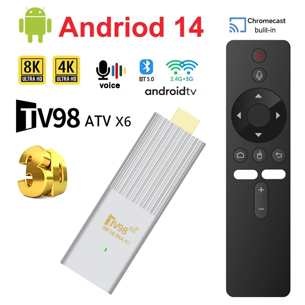 

8K Android 14 Top Box TV Stick Allwinner H313 Quad Core BT5.0 Dual band WIFI Set-Top Box with Smart Voice control Remote Control