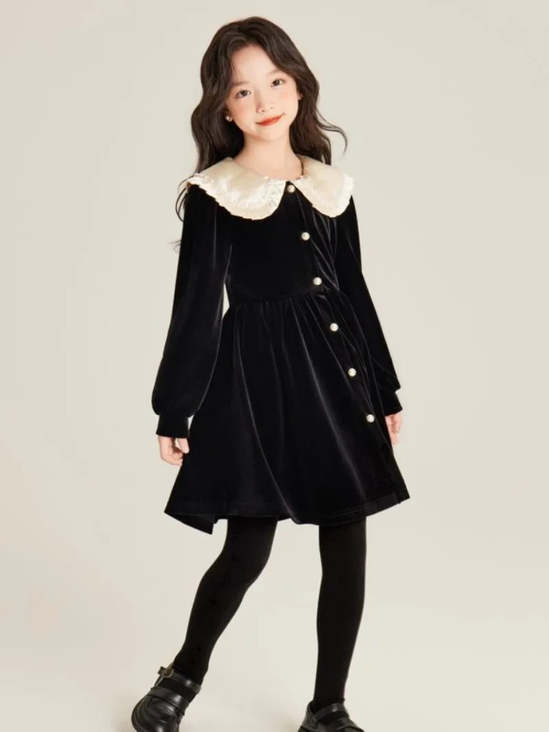 Girls' Autumn/Winter High-end Fleece-lined Velvet Elegant Black Princess Gown Dress - 4-12 Years Old