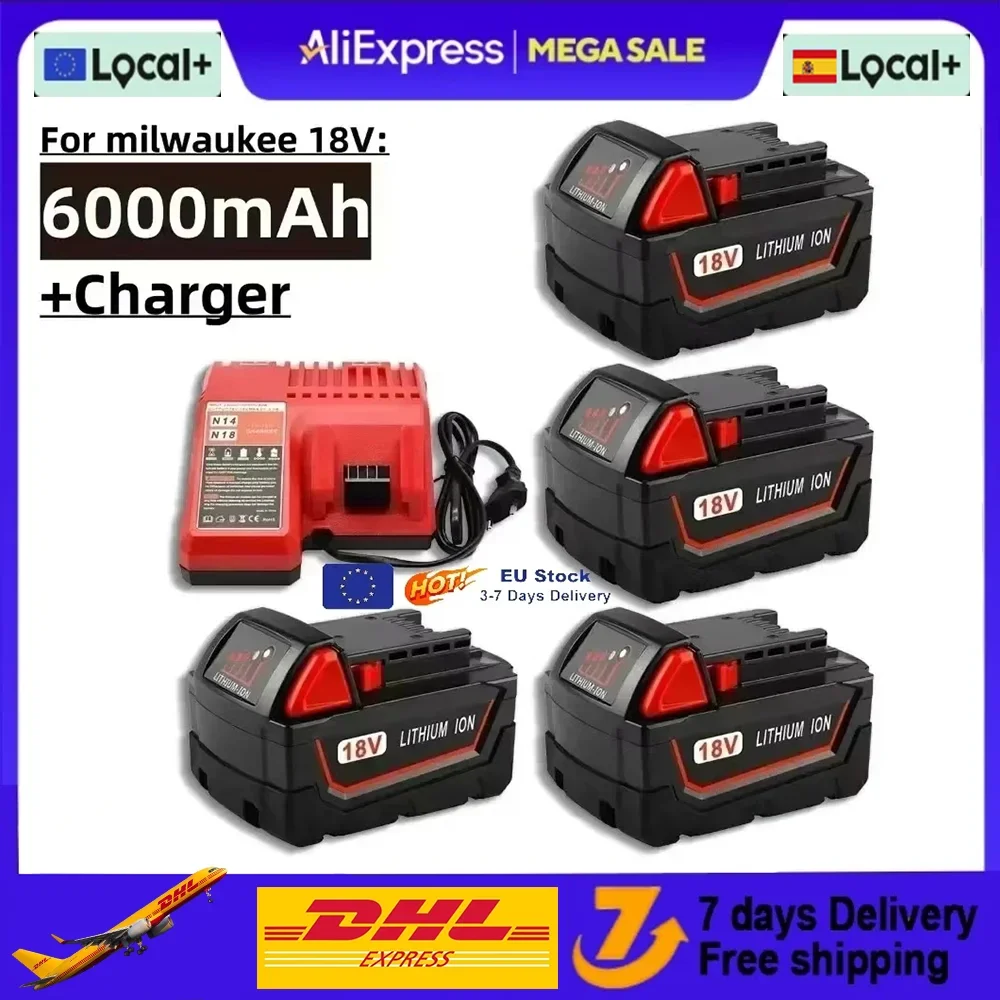 Per batteria e caricabatterie per utensili elettrici Milwaukee M18, modelli BR, XC, 18V, 6000mAh M18B5, 48-11-1860, con batteria 18650 integrata.