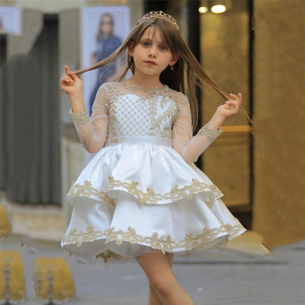 Elegant Flower Girl Dress For Wedding Puffy Gold Lace Satin Ruffles Applique Princess Kids Birthday Party Ball First Communion