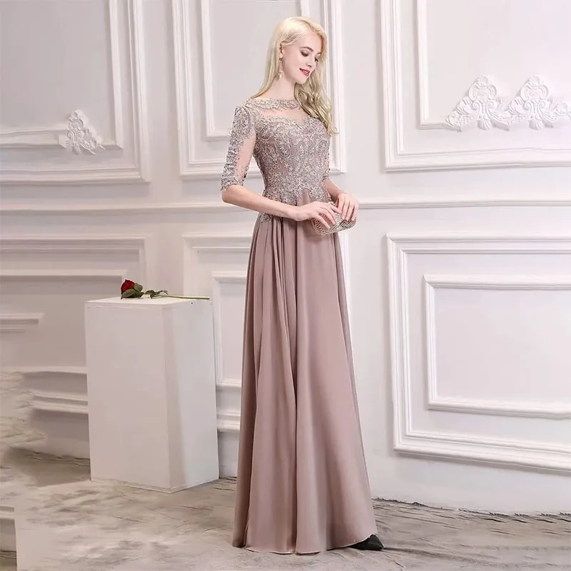 Vestidos Elegantes de línea a para madre de la novia, apliques de encaje con cuentas, Media manga, gasa, noche, fiesta Formal