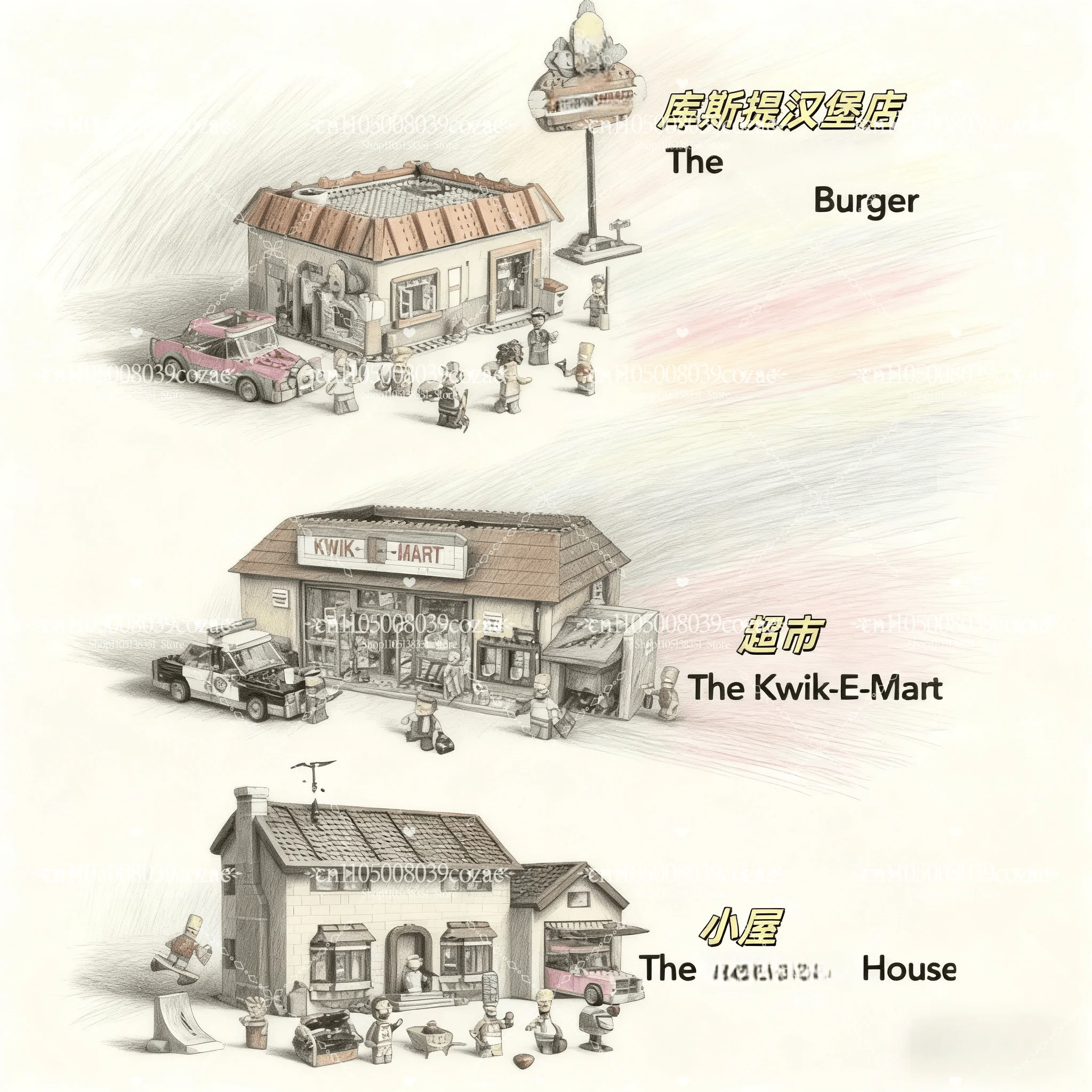 

2523 PCS The House And 2179PCS The Kwik E Mart House and 1635pcs hamburger shop model building blocksToys Birthday Gift