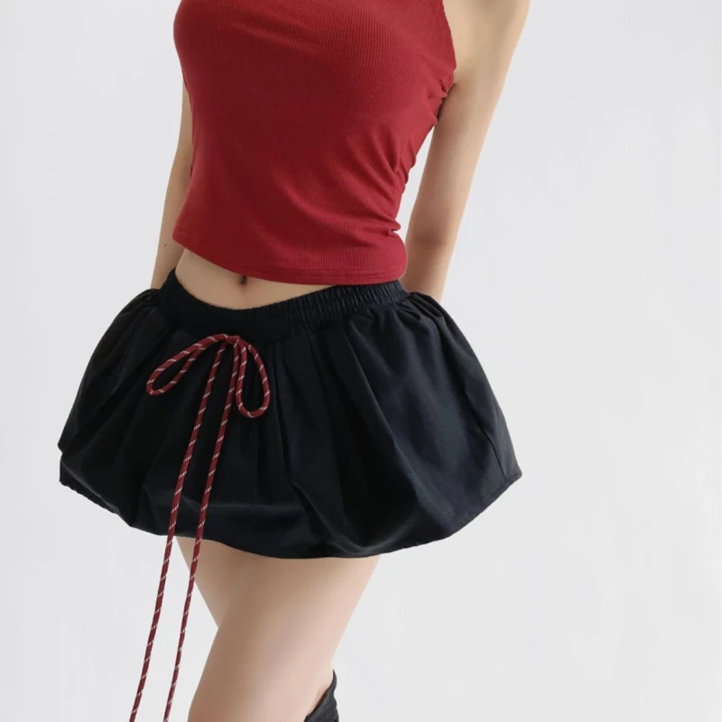 تنورة نسائية رياضية صغيرة منتفخة - تنورة عالية الخصر برباط ومضادة للغواة Y2K ملابس الشارع الصيفية غير الرسمية