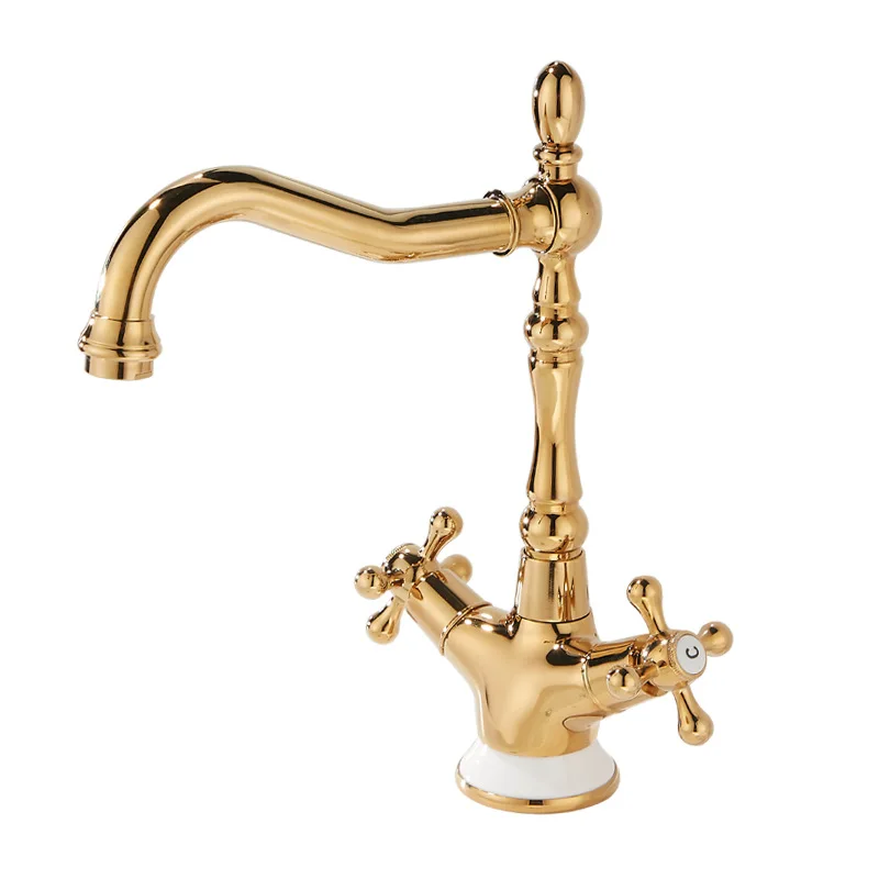 

French all-copper faucet wash basin double handle ceramic base retro hot and cold faucet rotatable gold