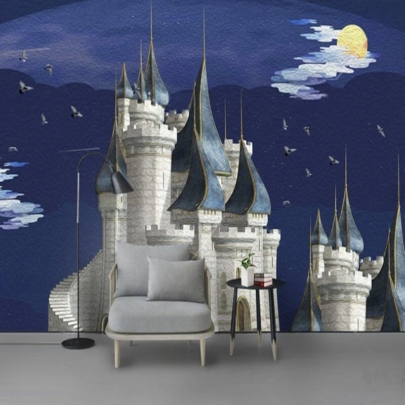 

Cartoon dream castle moonlit oil painting children's room TV luxurious home decoration bedroom background wall