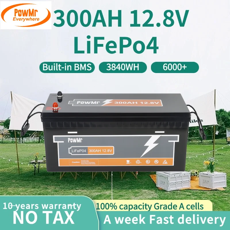 PowMr 12V 300AH LiFePO4 Lithium Battery Built-in 250A BMS 6000+ Cycle Battery Pack 3840WH Energy For Solar Panel Camping Charger