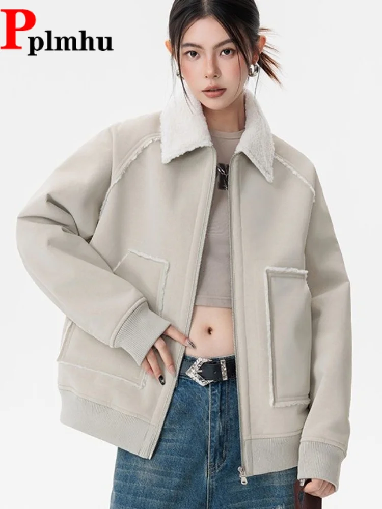 

Vintage Fur Turn-Down Collar Short Jackets Women's Casual Baggy Zipper Patchwork Chaquetas Loose Lapel Splicing Jaquetas