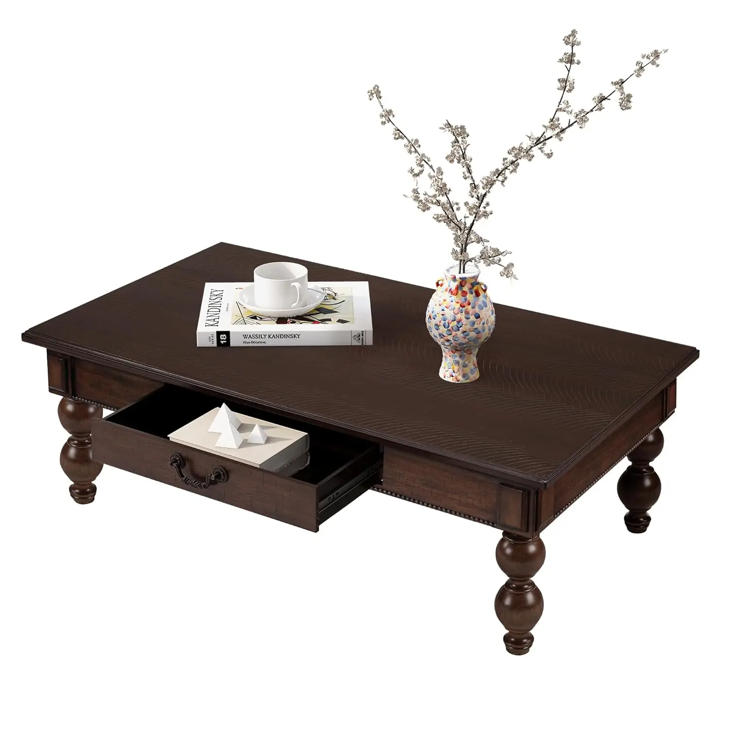 

Rectangular Wooden Coffee Table With Storage Drawer, Vintage Cocktail Table With Solid Wood Gourd-Shaped Legs, Farmhouse Tea Tab