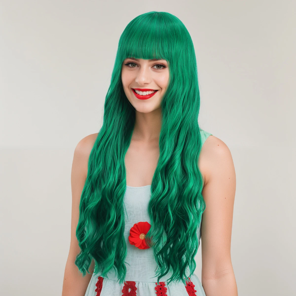 غرة أوروبية وأمريكية، شعر مجعد طويل، شعر طويل مموج بالماء الأخضر، غطاء رأس كامل من الألياف الاصطناعية